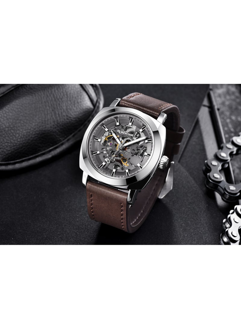 Watches for Men Luxury Leather Luminous Water Resistant Automatic Mechanical Wristwatch 5121 Brown