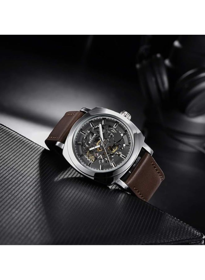 Watches for Men Luxury Leather Luminous Water Resistant Automatic Mechanical Wristwatch 5121 Brown