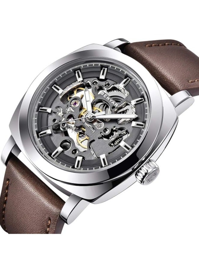 Watches for Men Luxury Leather Luminous Water Resistant Automatic Mechanical Wristwatch 5121 Brown