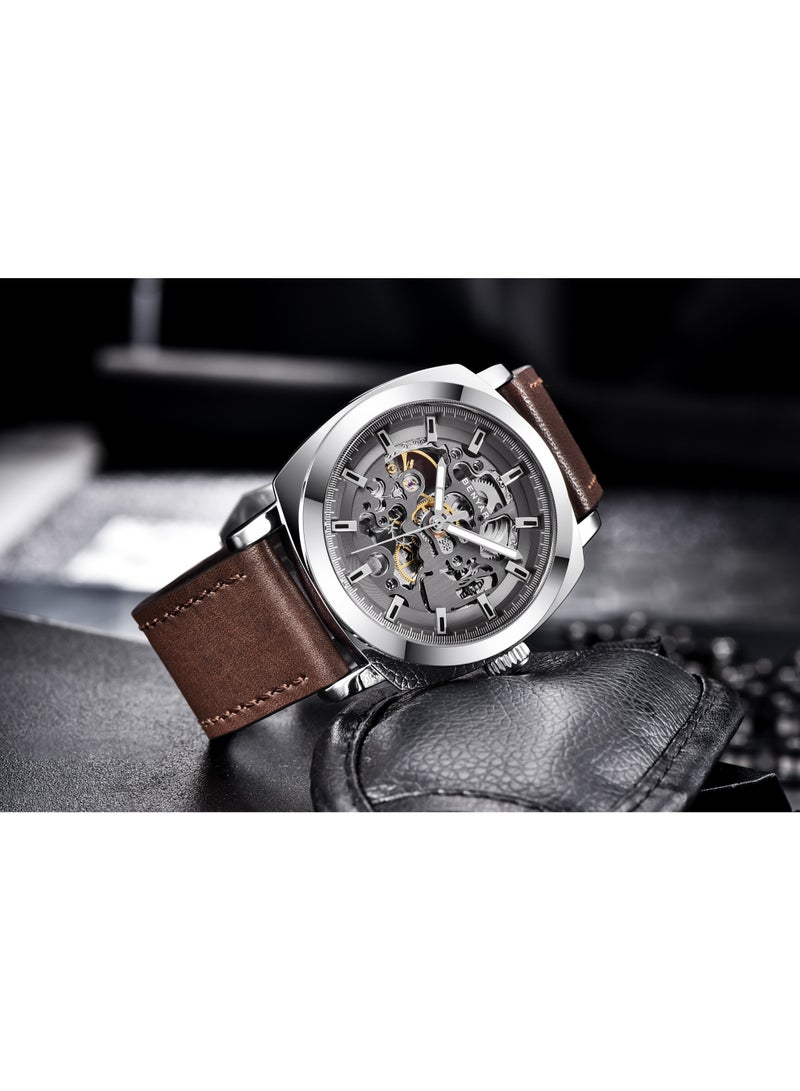 Watches for Men Luxury Leather Luminous Water Resistant Automatic Mechanical Wristwatch 5121 Brown