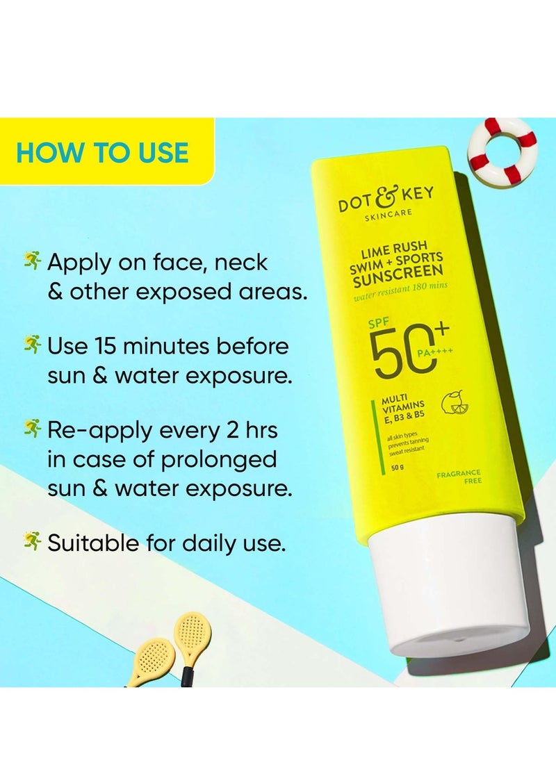 Dot & Key Lime Rush Swim + Sports Sunscreen SPF 50 PA++++ | Water Resistant & Sweat Resistant Sunscreen | UV/UVA Protect | No White Cast | Prevents Tan | For All Skin Types | For Women & Men