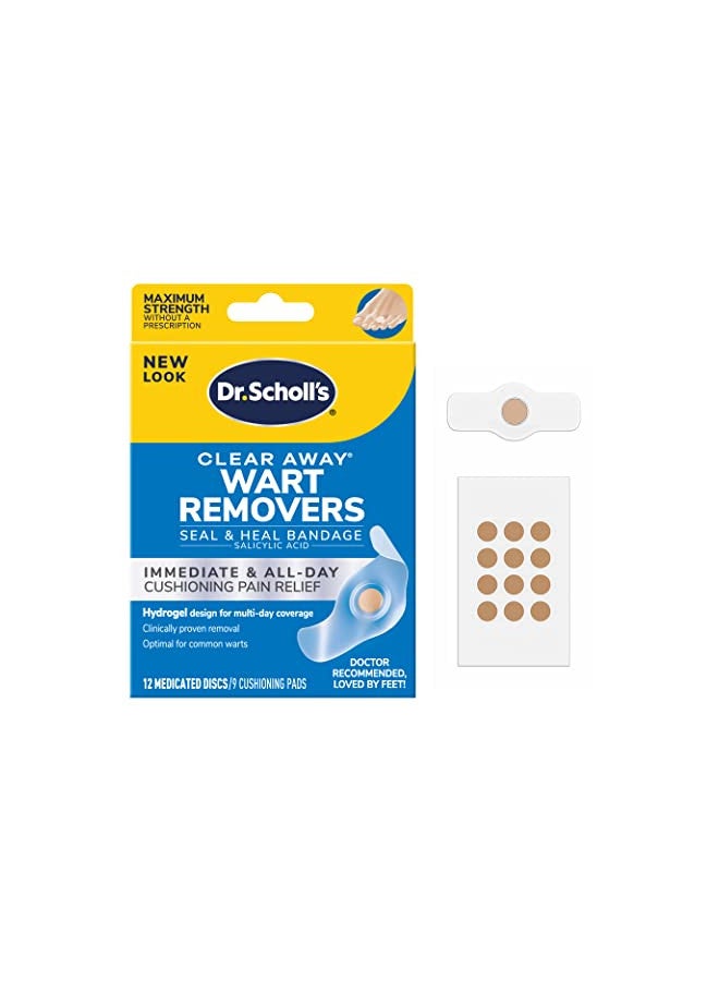 Dr. Scholl's CLEAR AWAY WART REMOVER HYDROGEL BANDAGE // 12 Discs/9 Cushions, Clinically Proven, Immediate & All-Day Cushioning Pain Relief, Multi-Day Coverage, 12 Treatments