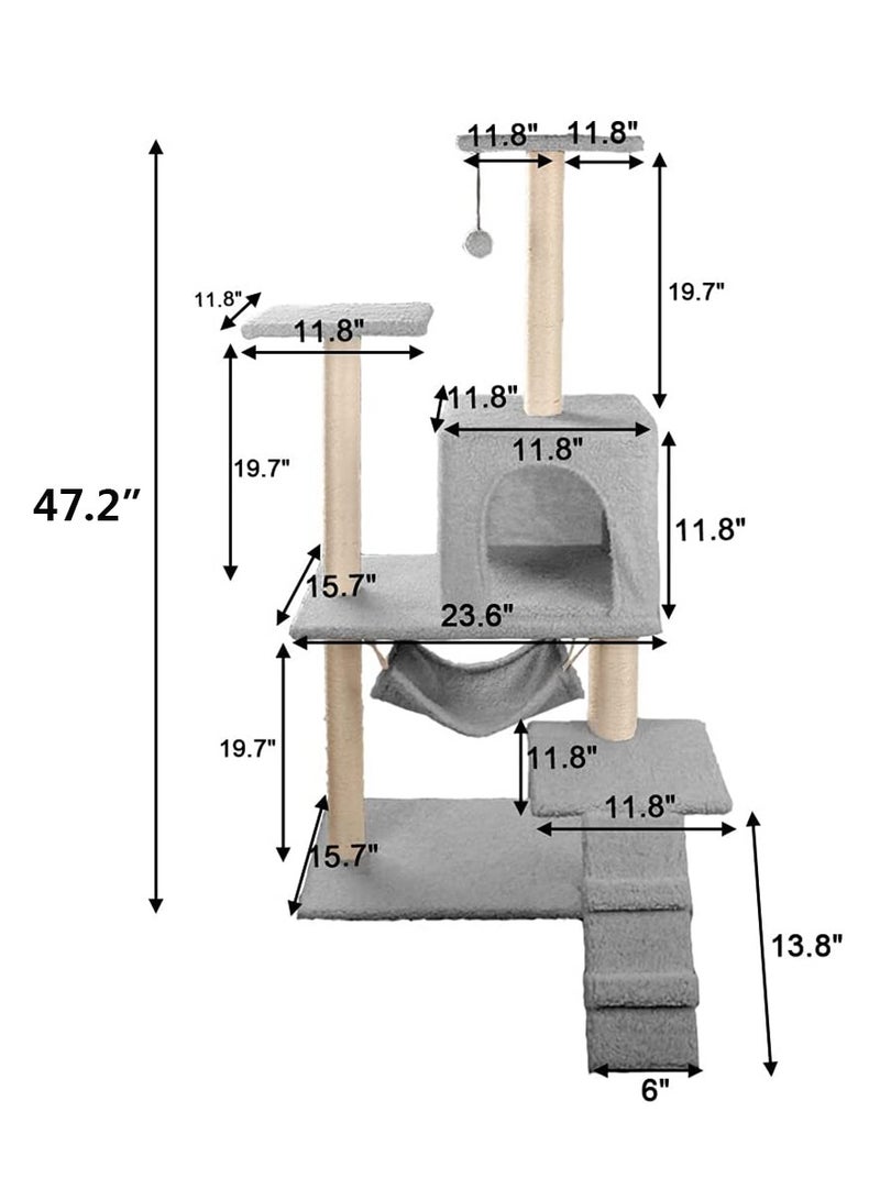 Cat Tree Tower，Cat Condo with Sisal Scratching Post,Activity Centre Cat Climbing Tree with Cat House，Hammock, Sisal Posts, Ladder, and Rest Place for Indoor Cat (120×54×30cm）