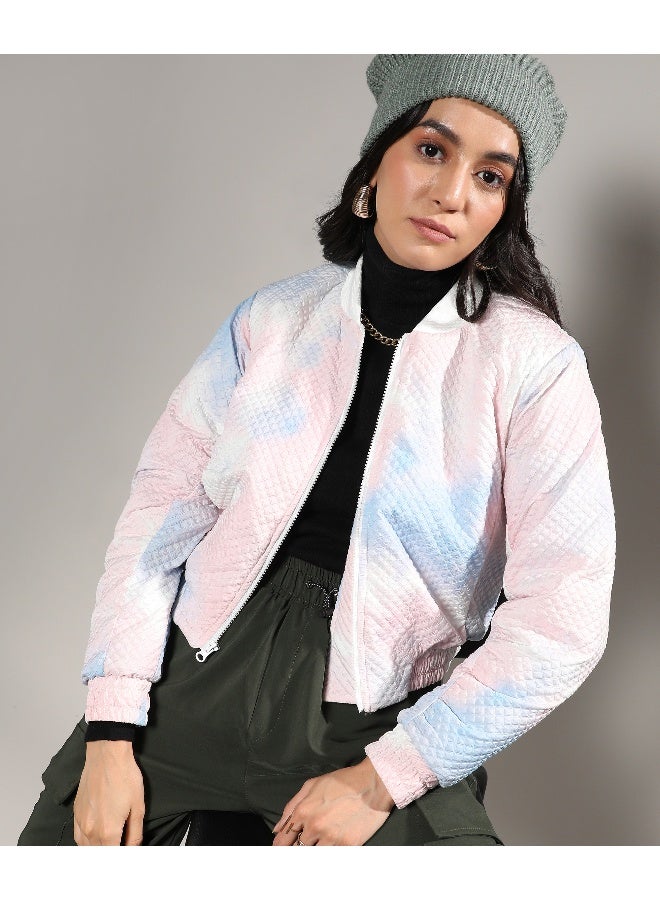 Women's Powder Blue & Blush Pink Tie-Dye Micro Diamond Quilted Puffer Jacket