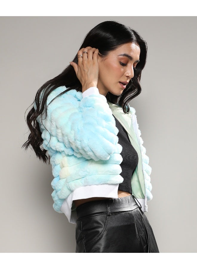 Women's Light Blue Faux Fur Cropped Jacket