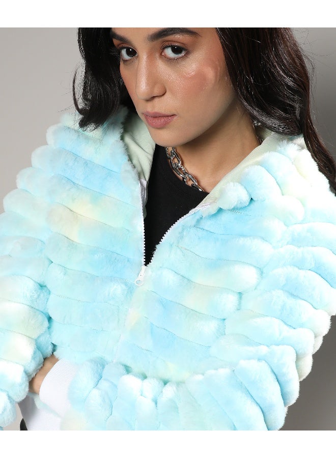 Women's Light Blue Faux Fur Cropped Jacket