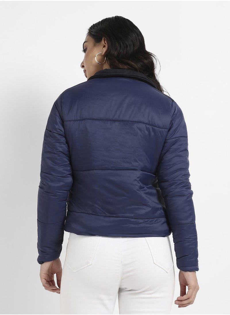 Women's Blue Bomber Jacket With Angled Open Pockets