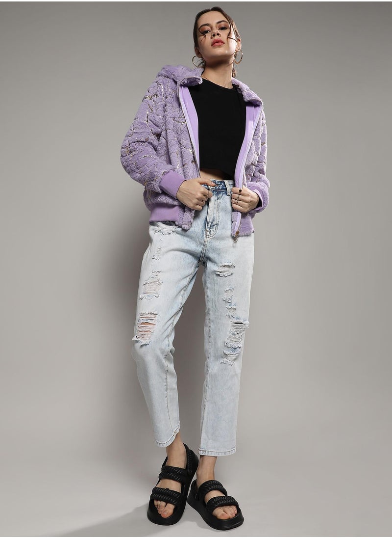 Women's Lilac Metallic Veined Faux Fur Jacket