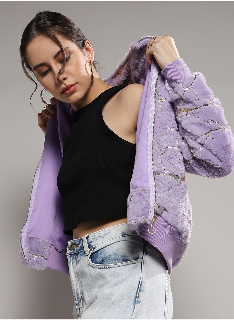 Women's Lilac Metallic Veined Faux Fur Jacket