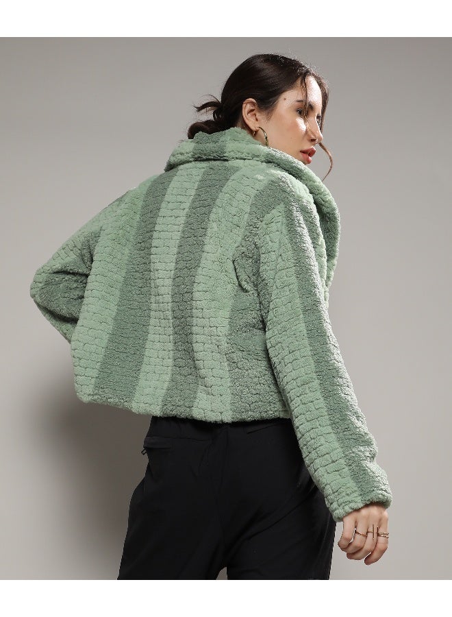 Women's Olive Green Fleece Candy Striped Jacket