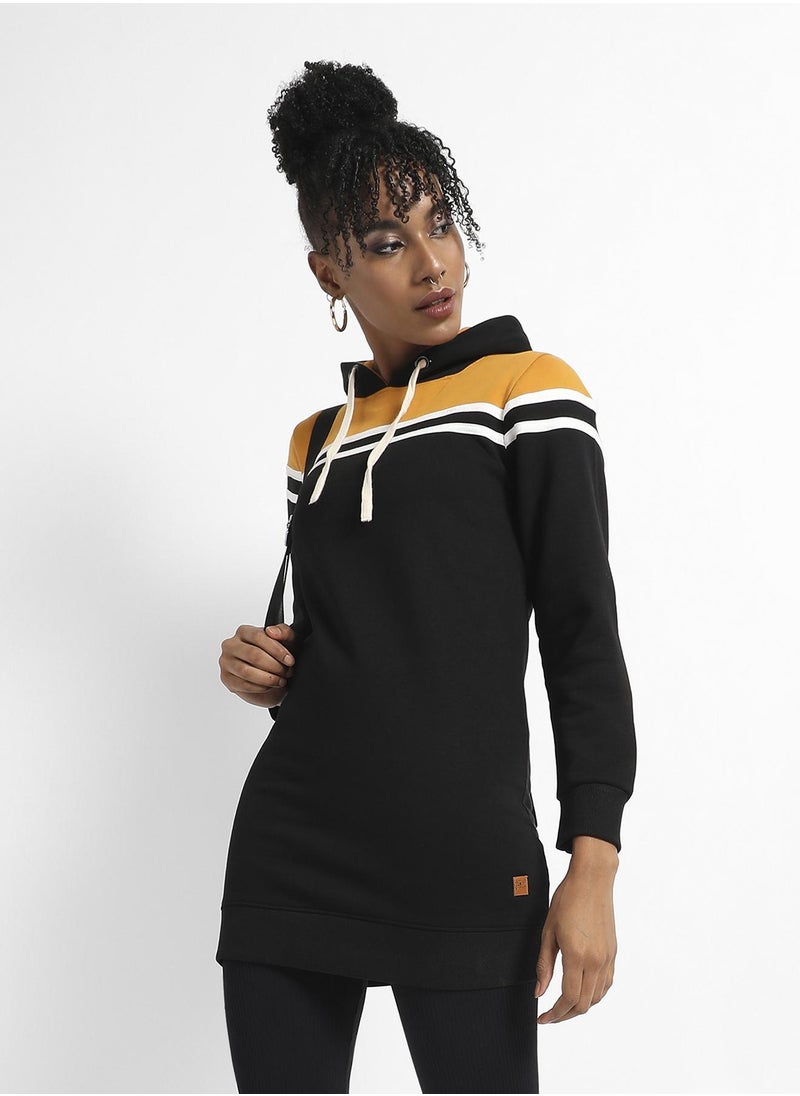 Women's Multicolour Colourblock Hoodie Dress With Ribbed Hem