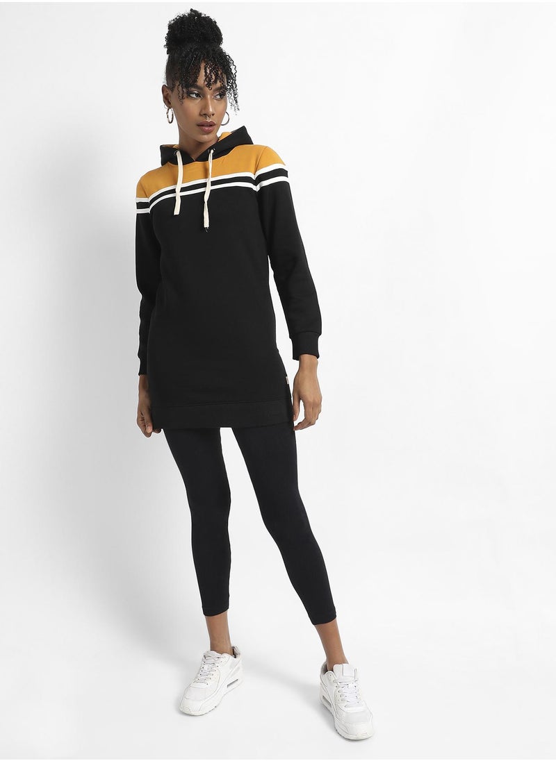 Women's Multicolour Colourblock Hoodie Dress With Ribbed Hem