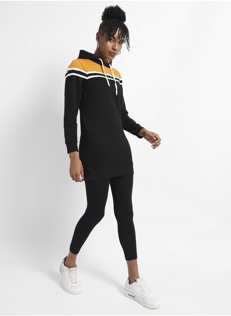 Women's Multicolour Colourblock Hoodie Dress With Ribbed Hem