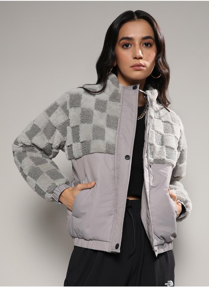 Women's Moon Grey Fleece Self-Design Buffalo Check Jacket