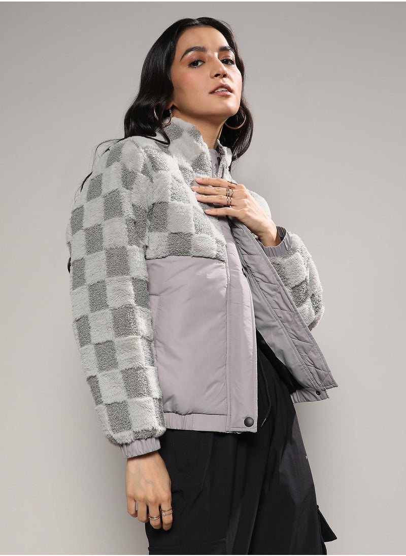 Women's Moon Grey Fleece Self-Design Buffalo Check Jacket