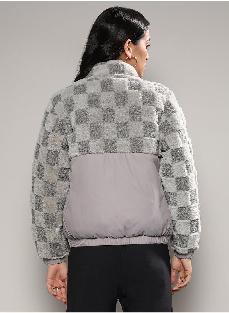 Women's Moon Grey Fleece Self-Design Buffalo Check Jacket