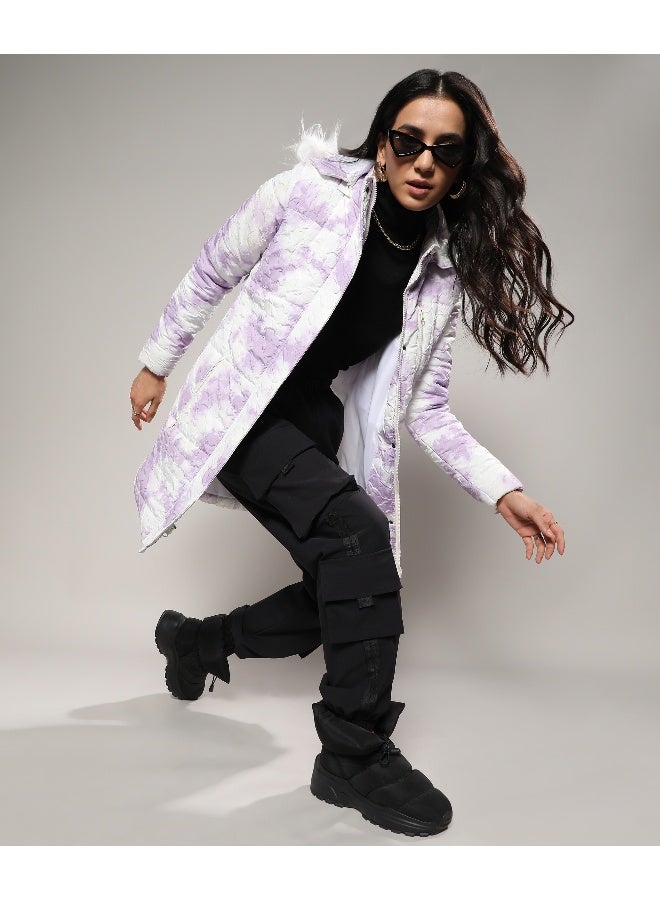 Women's Powder White & Lilac Creased Tie-Dye Puffer Jacket