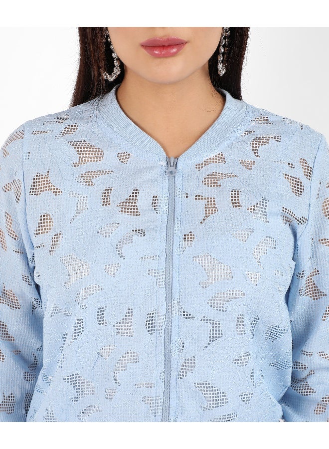 Women's Sky Blue Self-Design Botanical Jacket