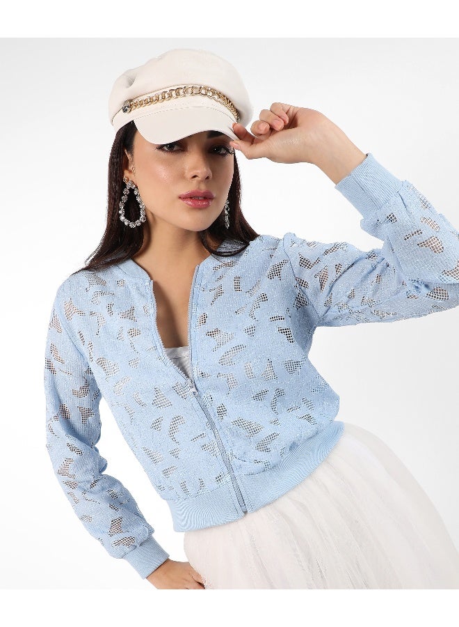 Women's Sky Blue Self-Design Botanical Jacket