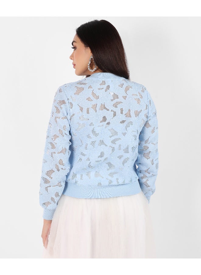 Women's Sky Blue Self-Design Botanical Jacket