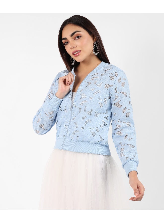 Women's Sky Blue Self-Design Botanical Jacket