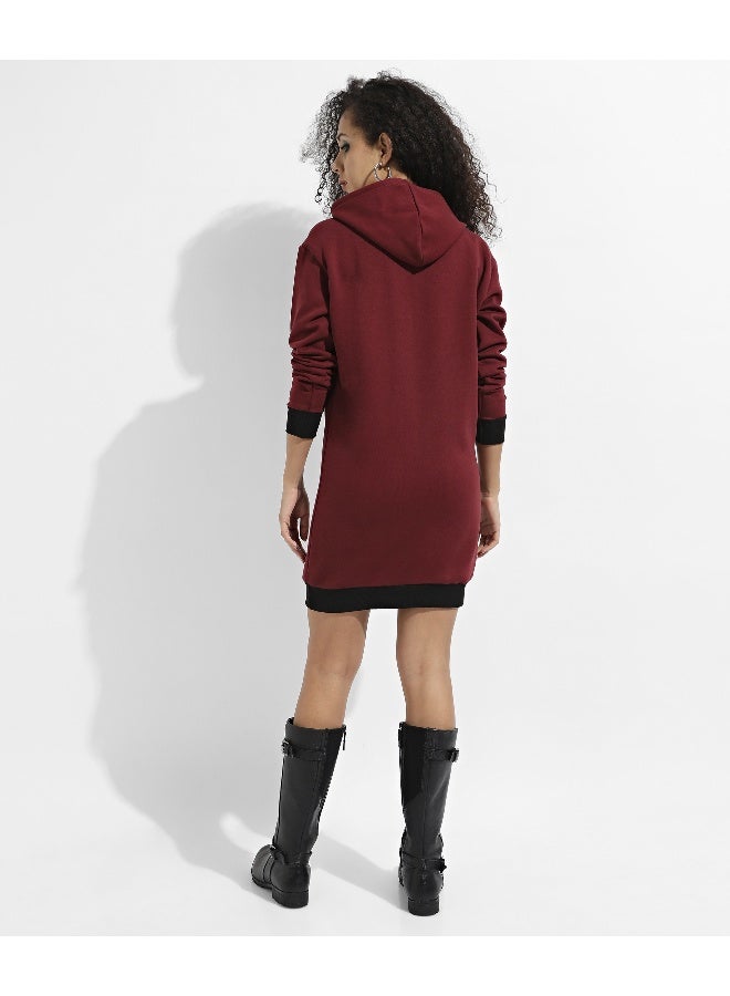 Women's Maroon Hoodie Dress With Contrast Hem