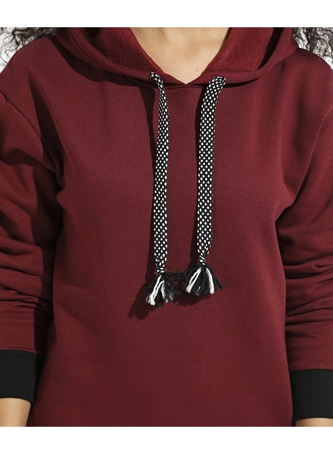 Women's Maroon Hoodie Dress With Contrast Hem