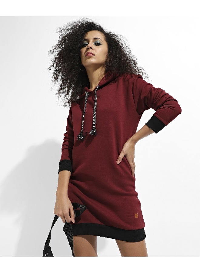 Women's Maroon Hoodie Dress With Contrast Hem