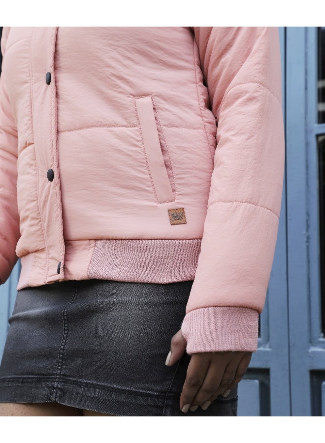 Women's Blush Pink Puffer Jacket With Angled Open Pockets