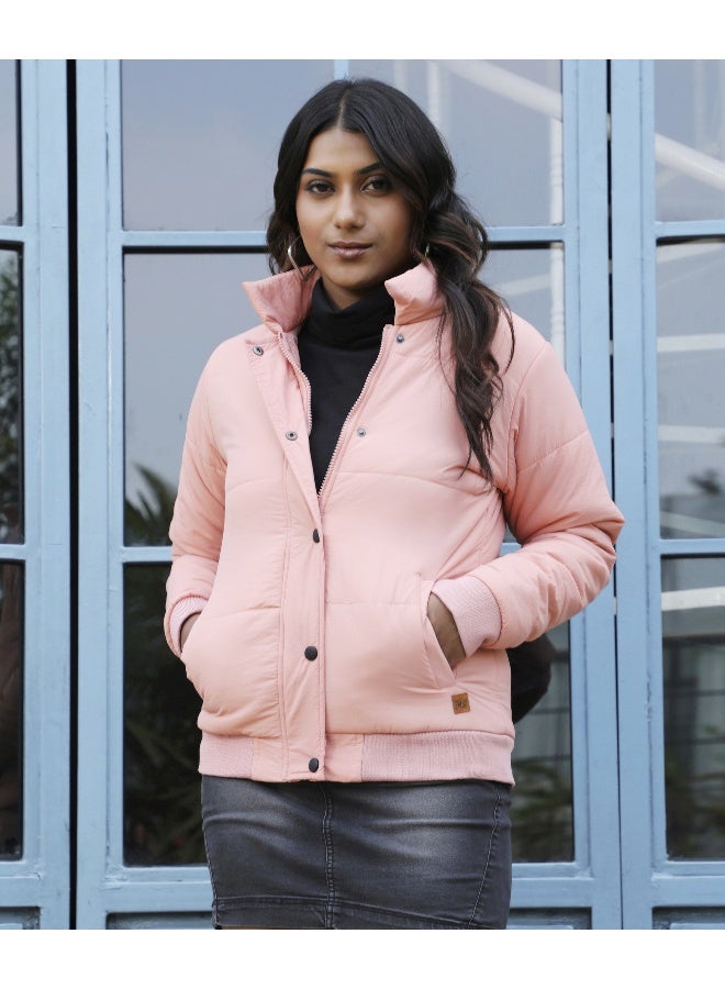 Women's Blush Pink Puffer Jacket With Angled Open Pockets