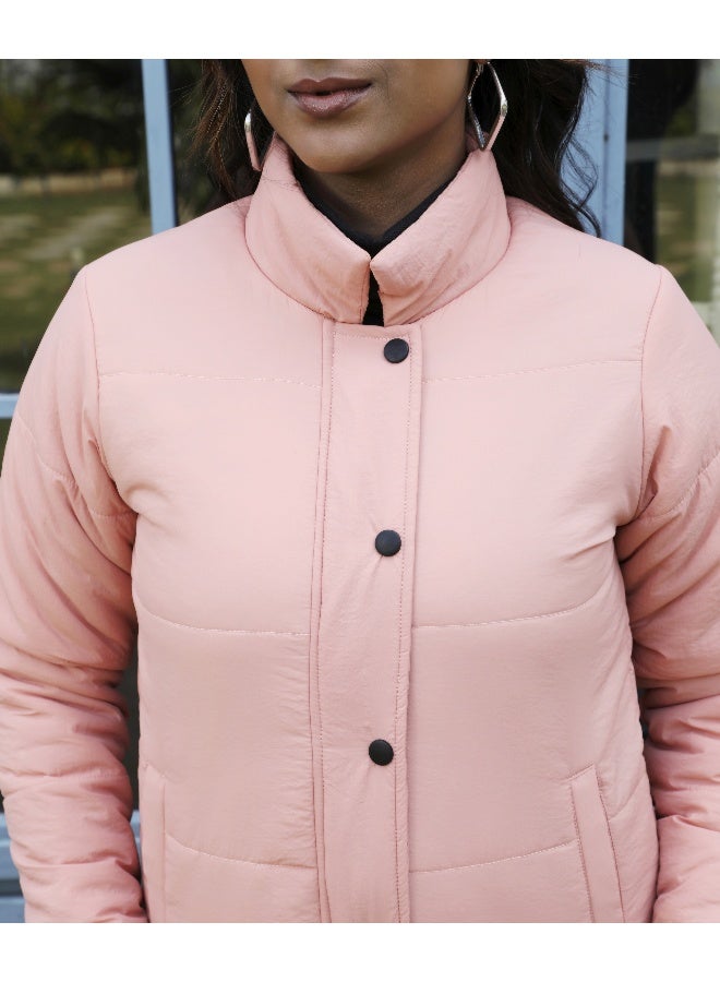 Women's Blush Pink Puffer Jacket With Angled Open Pockets