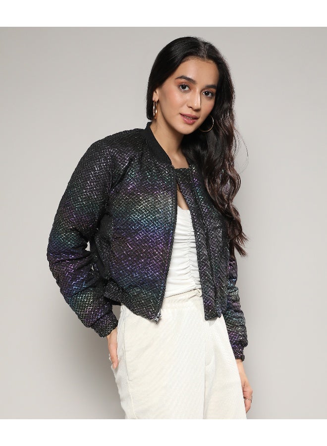 Women's Carbon Black Holographic Print Puffer Jacket