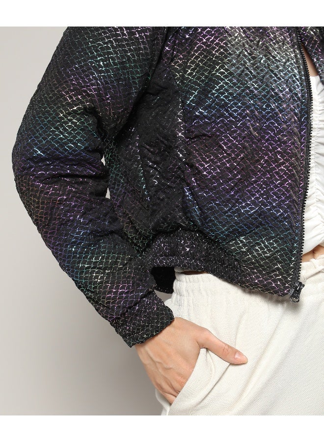 Women's Carbon Black Holographic Print Puffer Jacket