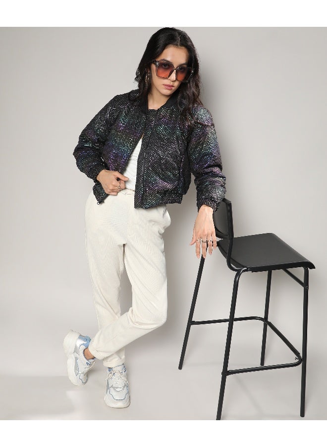 Women's Carbon Black Holographic Print Puffer Jacket