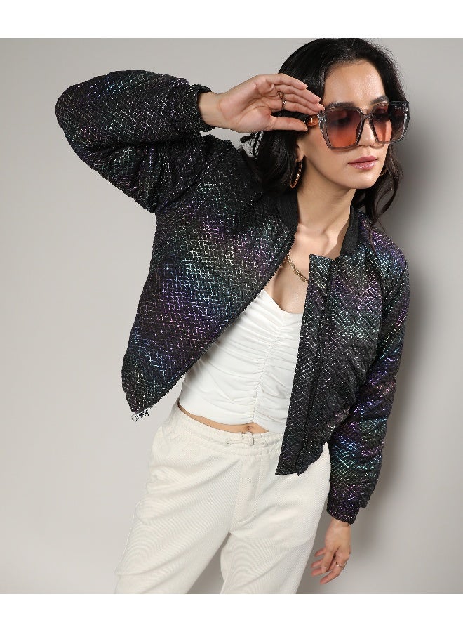 Women's Carbon Black Holographic Print Puffer Jacket