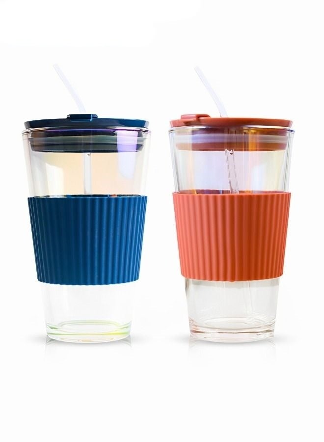 2-Piece Glass Coffee Cup With Straw,Electroplate Portable Water Bottle With Cover,Leak Proof Glass Tumbler To Go With Silicone Sleeve