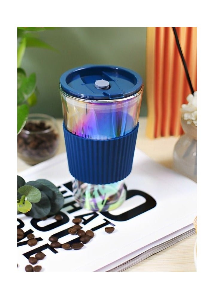 2-Piece Glass Coffee Cup With Straw,Electroplate Portable Water Bottle With Cover,Leak Proof Glass Tumbler To Go With Silicone Sleeve