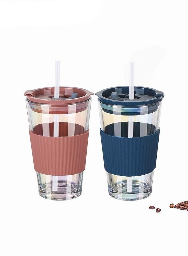 2-Piece Glass Coffee Cup With Straw,Electroplate Portable Water Bottle With Cover,Leak Proof Glass Tumbler To Go With Silicone Sleeve