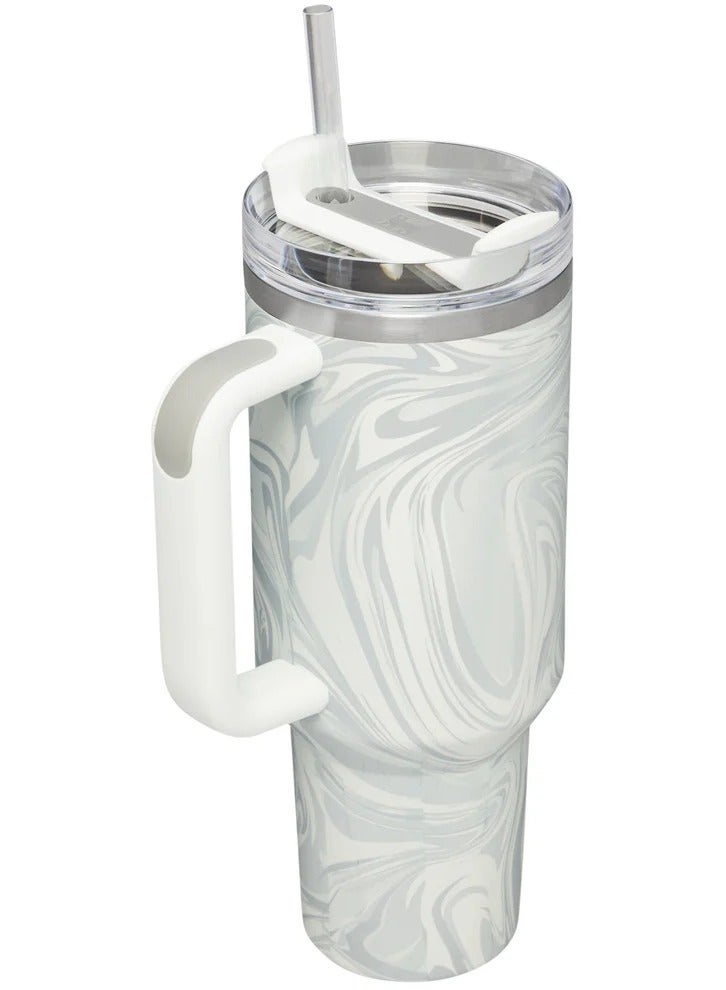 Stanley Quencher H2.0 Flow State 40oz Pastel Grey Swirl Stainless Steel Vacuum Insulated Tumbler with Lid, Straw and 3 Straw Stoppers for Water and Iced Tea, Cold Retention in Pack of 1 & 2