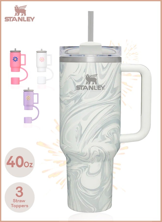 Stanley Quencher H2.0 Flow State 40oz Pastel Grey Swirl Stainless Steel Vacuum Insulated Tumbler with Lid, Straw and 3 Straw Stoppers for Water and Iced Tea, Cold Retention in Pack of 1 & 2
