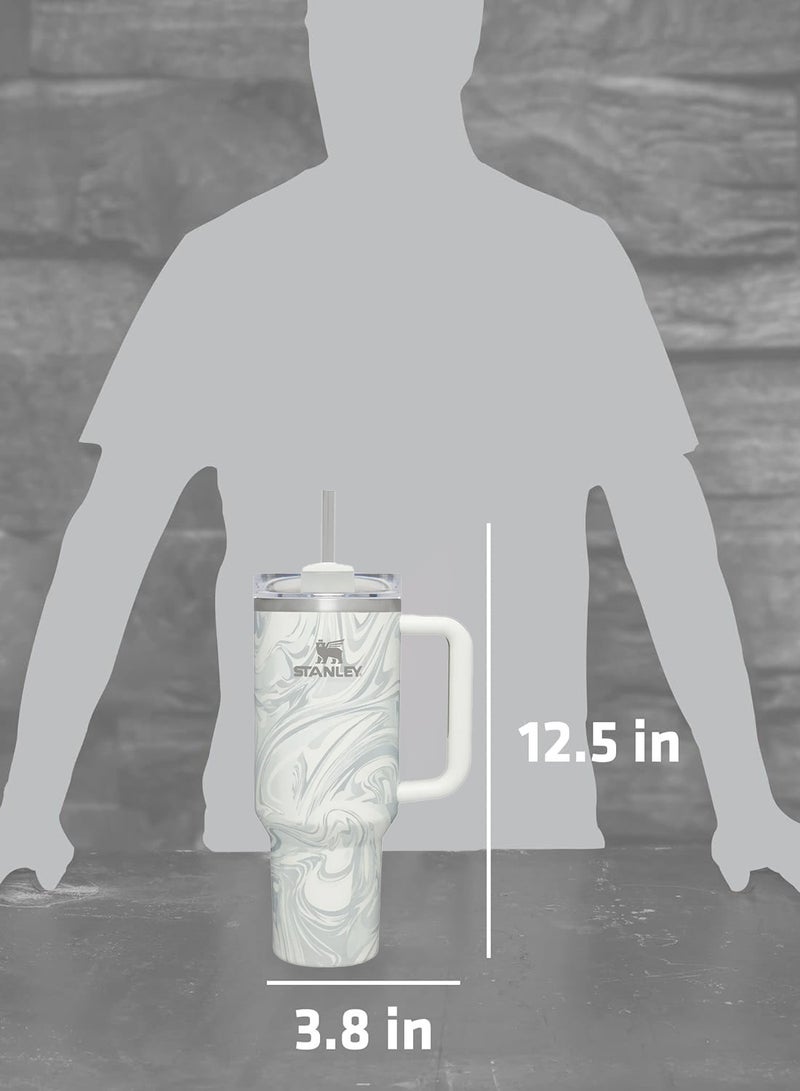Stanley Quencher H2.0 Flow State 40oz Pastel Grey Swirl Stainless Steel Vacuum Insulated Tumbler with Lid, Straw and 3 Straw Stoppers for Water and Iced Tea, Cold Retention in Pack of 1 & 2
