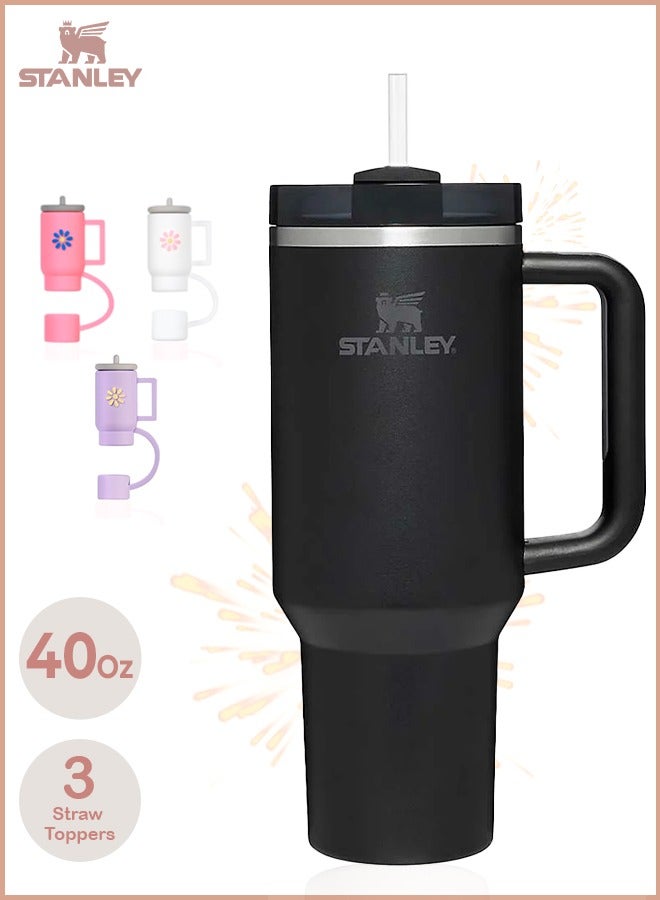 Stanley Quencher H2.0 Flow State 40oz Black Stainless Steel Vacuum Insulated Tumbler with Lid, Straw and 3 Straw Stoppers for Water and Iced Tea, Cold Retention in Pack of 1 & 2