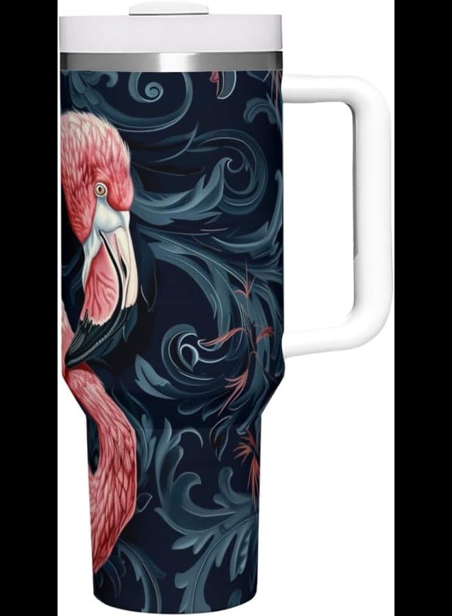 Flamingo 40 oz Insulated Tumblers with Handle Straw Lid for Car Cup Holder, Stainless Steel Reusable Leak Proof Water Bottle, Travel Mug