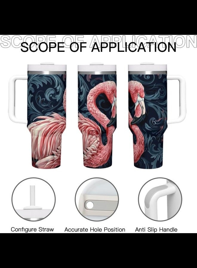 Flamingo 40 oz Insulated Tumblers with Handle Straw Lid for Car Cup Holder, Stainless Steel Reusable Leak Proof Water Bottle, Travel Mug