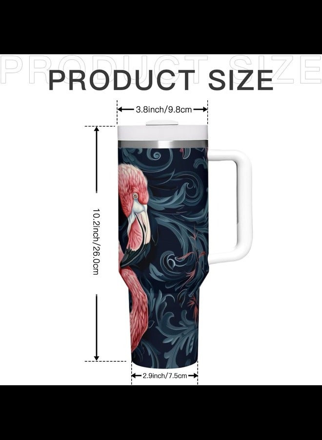 Flamingo 40 oz Insulated Tumblers with Handle Straw Lid for Car Cup Holder, Stainless Steel Reusable Leak Proof Water Bottle, Travel Mug
