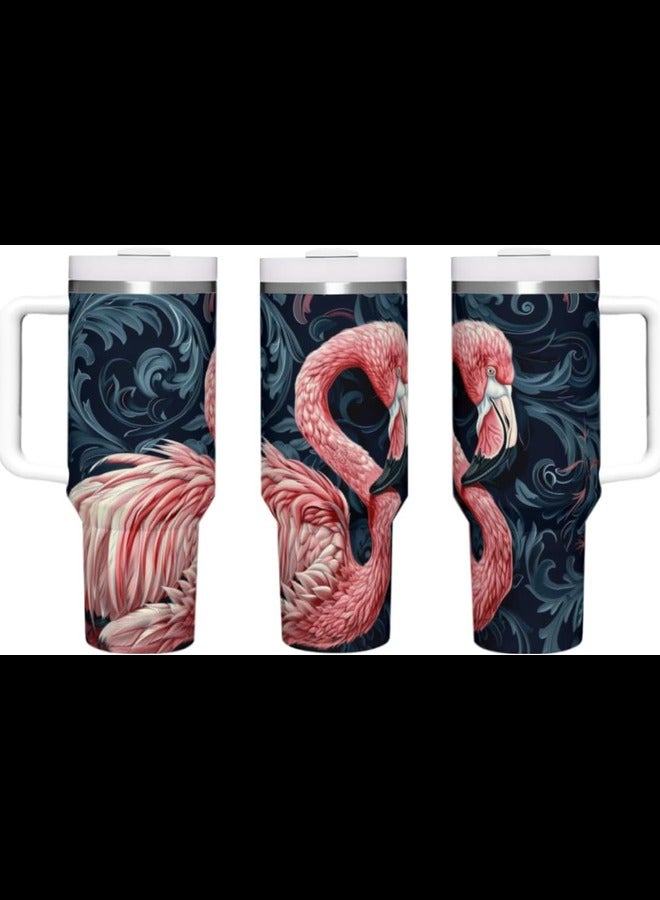 Flamingo 40 oz Insulated Tumblers with Handle Straw Lid for Car Cup Holder, Stainless Steel Reusable Leak Proof Water Bottle, Travel Mug