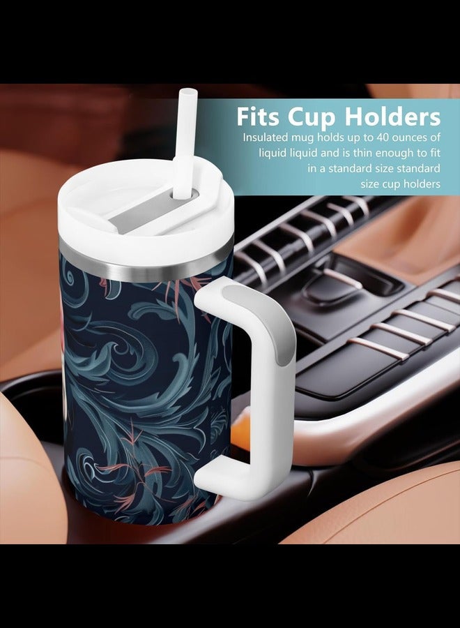 Flamingo 40 oz Insulated Tumblers with Handle Straw Lid for Car Cup Holder, Stainless Steel Reusable Leak Proof Water Bottle, Travel Mug