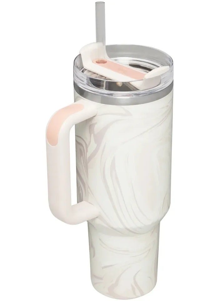 Stanley Quencher H2.0 Flow State 40oz Rose Quartz Swirl Stainless Steel Vacuum Insulated Tumbler with Lid, Straw and 3 Straw Stoppers for Water and Iced Tea, Cold Retention in Pack of 1 & 2