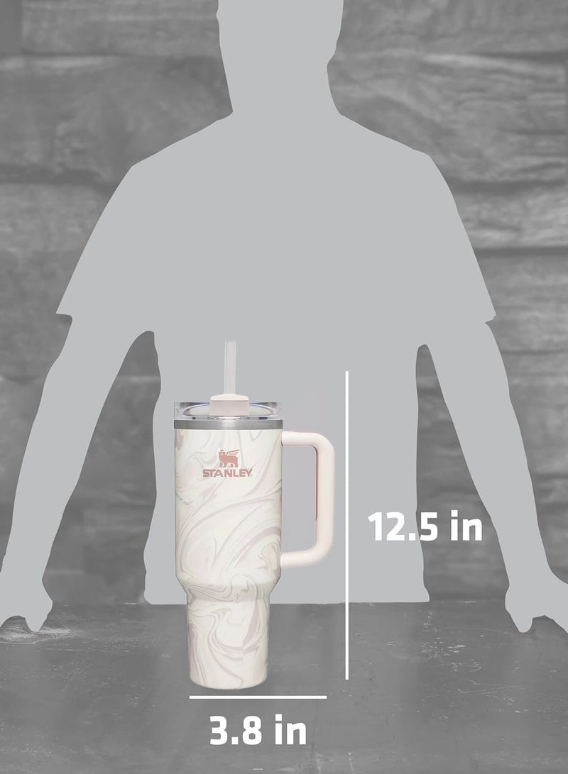 Stanley Quencher H2.0 Flow State 40oz Rose Quartz Swirl Stainless Steel Vacuum Insulated Tumbler with Lid, Straw and 3 Straw Stoppers for Water and Iced Tea, Cold Retention in Pack of 1 & 2