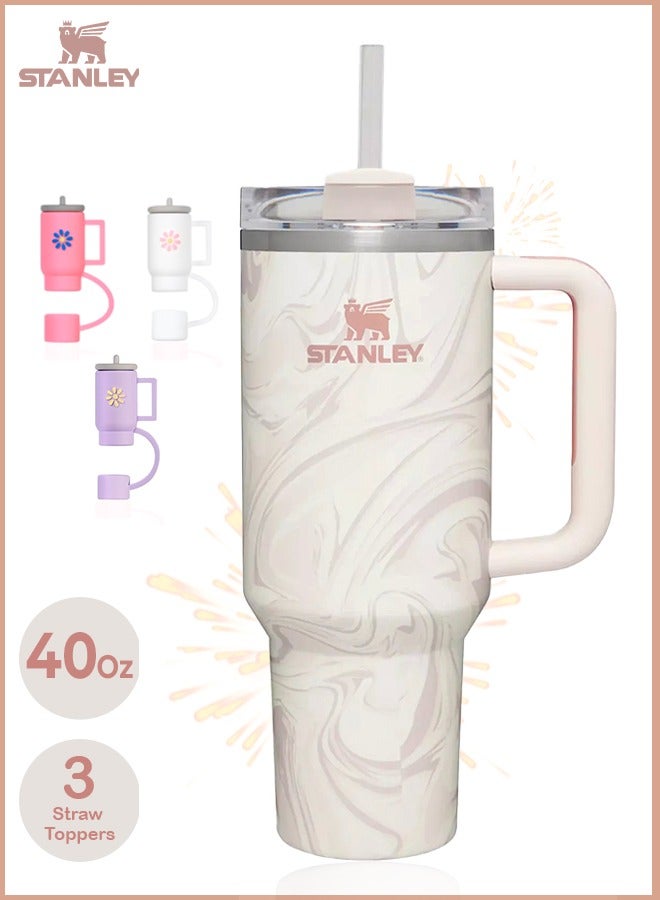 Stanley Quencher H2.0 Flow State 40oz Rose Quartz Swirl Stainless Steel Vacuum Insulated Tumbler with Lid, Straw and 3 Straw Stoppers for Water and Iced Tea, Cold Retention in Pack of 1 & 2